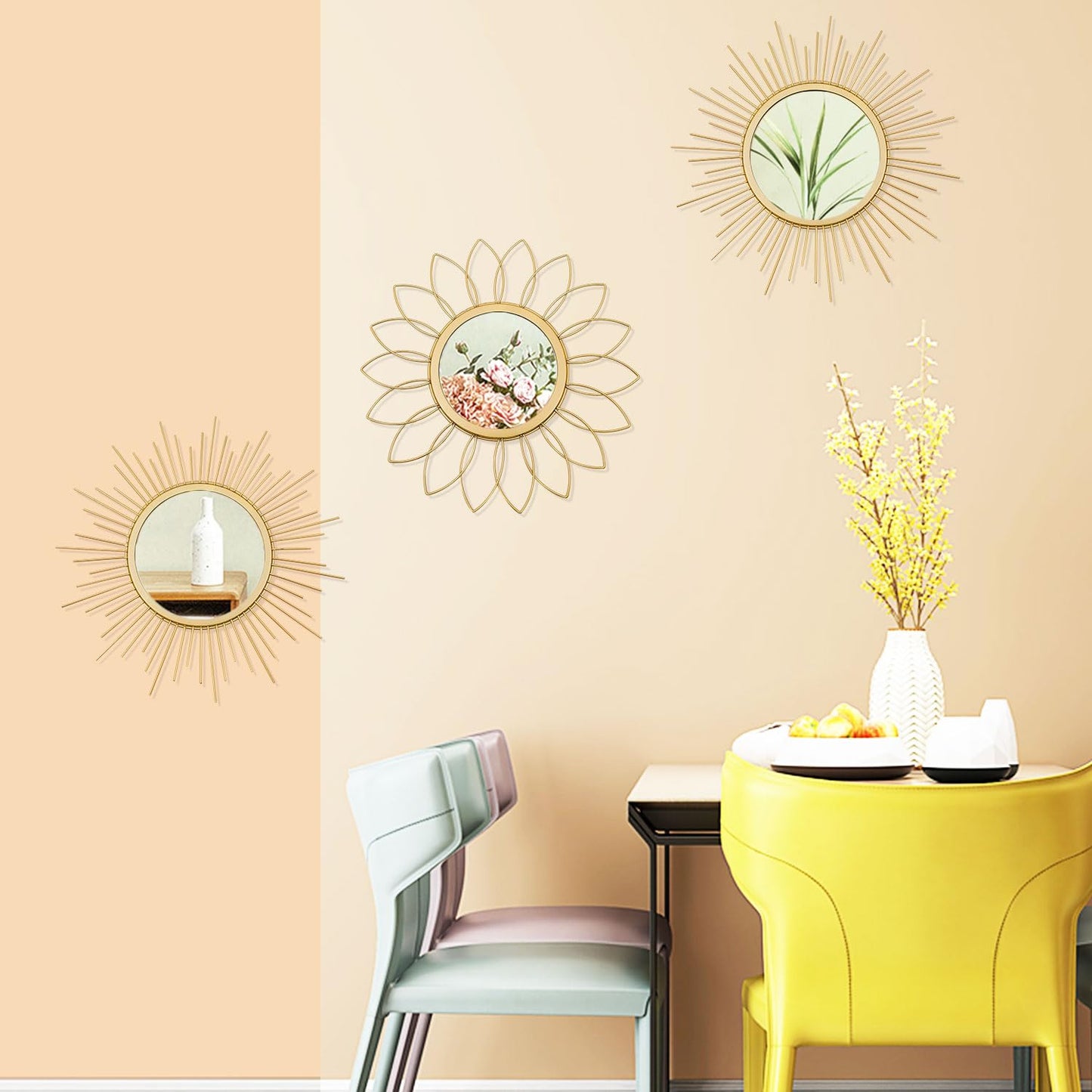 3 Pack Metal Mirrors for Wall Sunburst